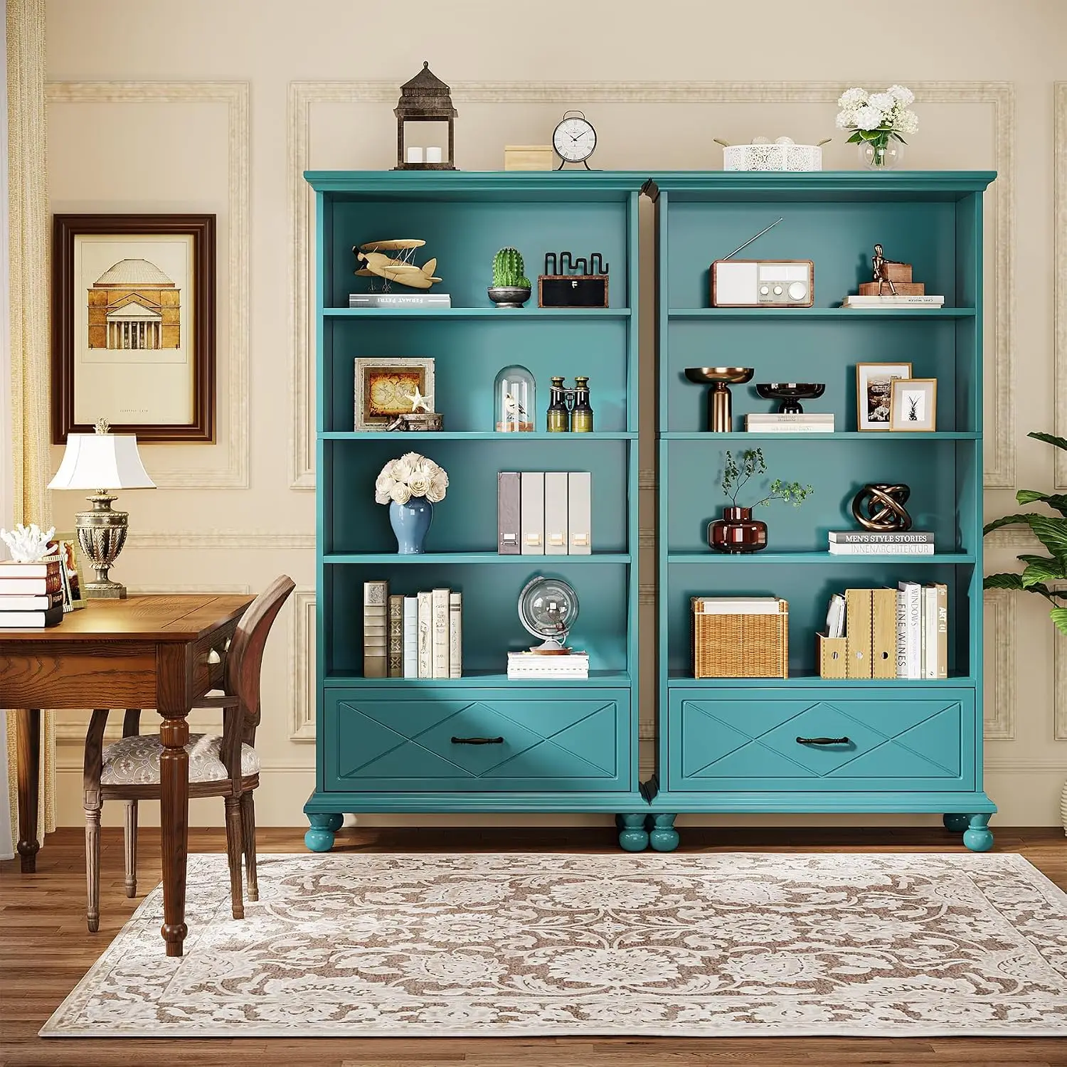 6-Shelf Bookcase Set of 2, 71 Inch Tall Floor Standing Bookshelf with Drawer and Solid Wood Legs, 6-Tier Large Display Storage