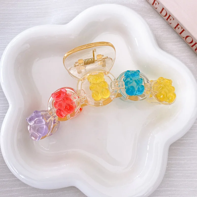 Cute Colored Transparent Cartoon Bear Hair Claws Headwear Women Girls Summer Korean Sweet Acrylic Hair Clip Hair Accessories