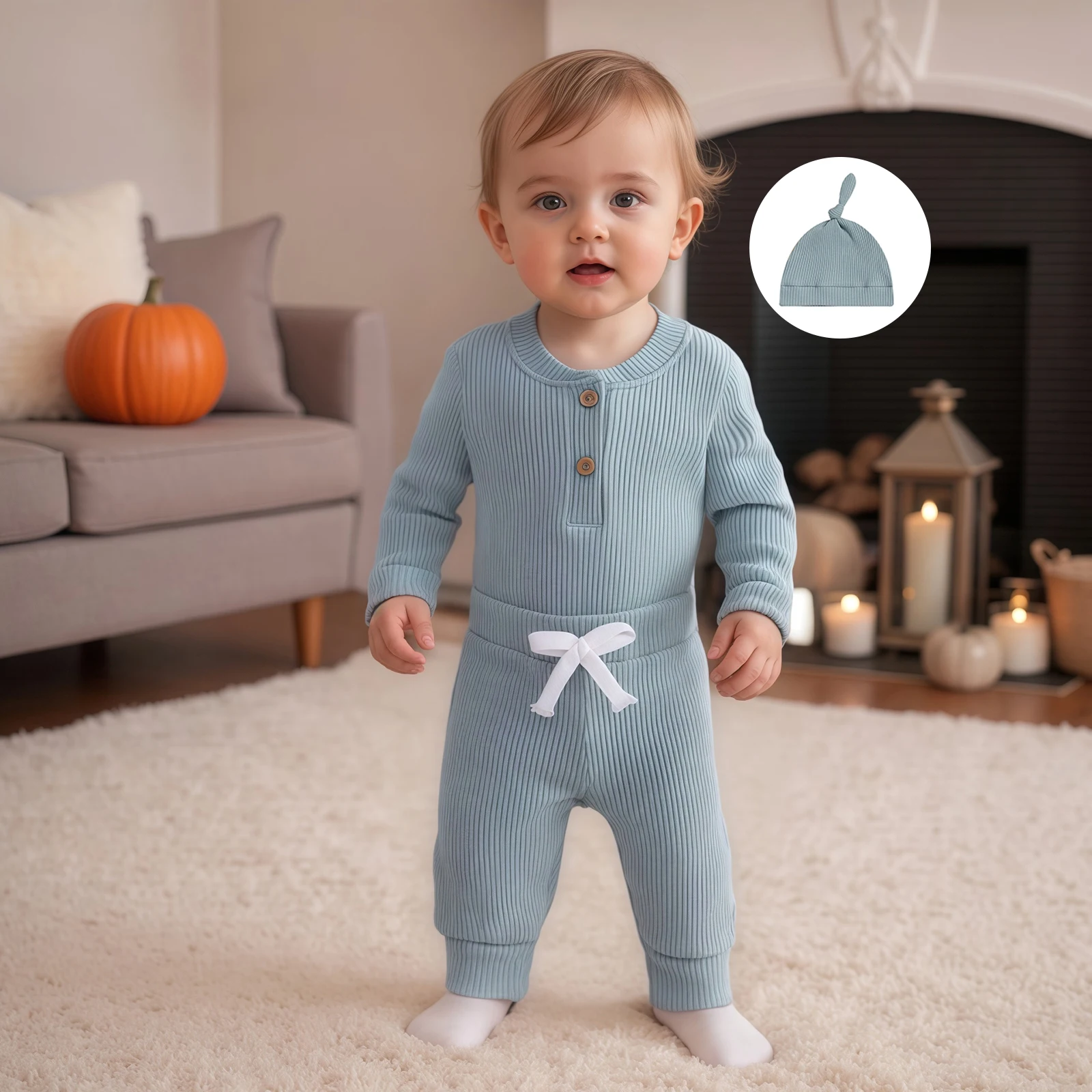 

Baby Boy Clothing Solid Color Long Sleeve Romper with Pants and Hat Clothes Set 3Pcs Fall Outfits