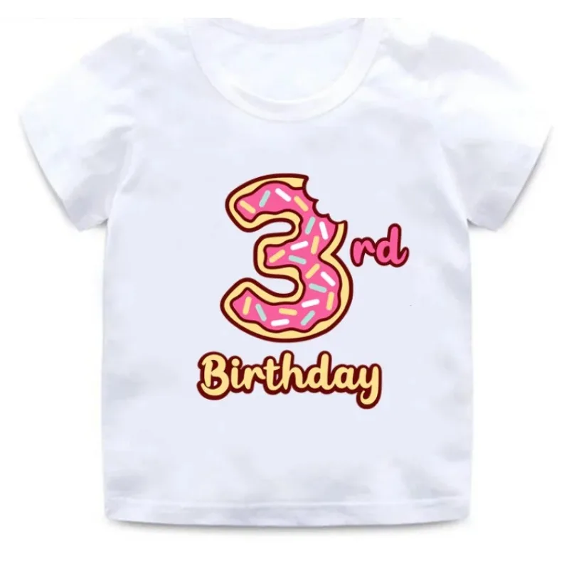 Cute Summer Donuts Print Girls Clothes 1 -9 Years Happy Birthday Number Bow Kids Short Sleeve T Shirt Tops