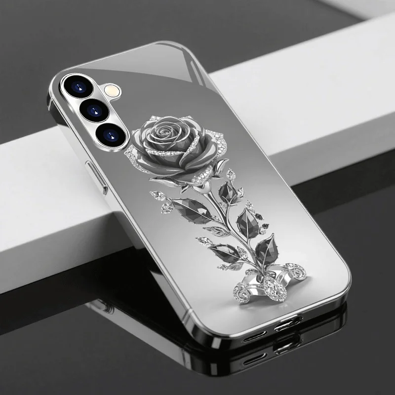Diamond silver rose pattern electroplated glass phone case  for Samsung Galaxy S26 S25 S24 S23 S22 S20 FE/Ultra/Plus anti Cover