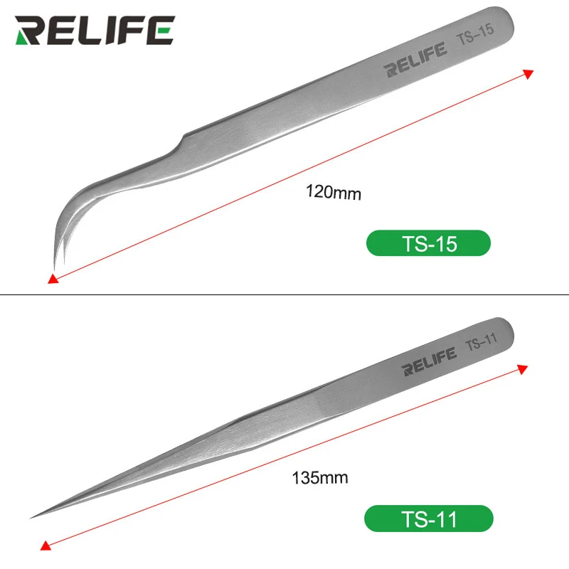 RELIFE TS-11 TS-15 Precision Tweezers Stainless Steel Straight Curved Tip Forceps Tweezers for Electronics Phone Repair Tools