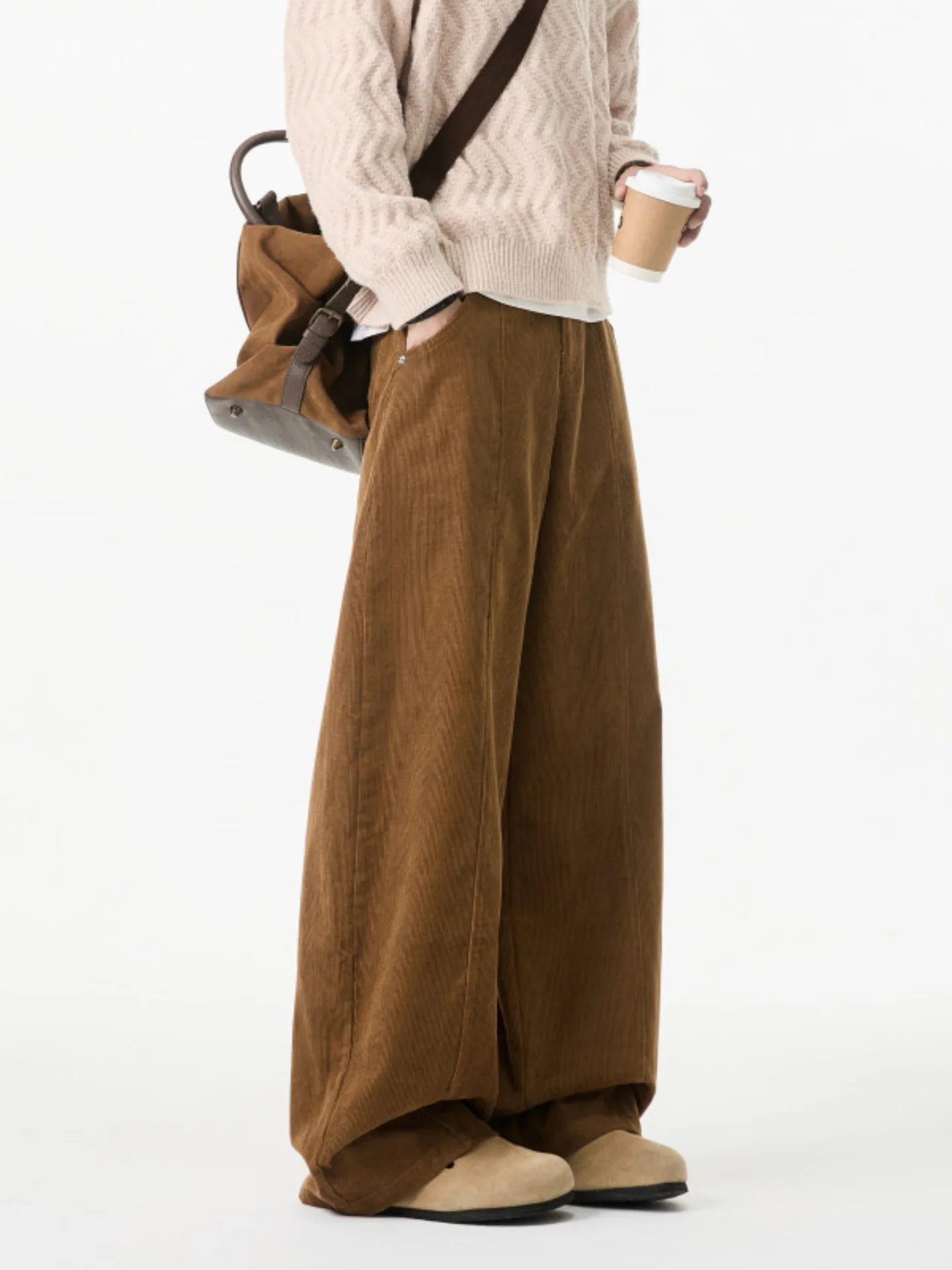 

Brown Corduroy Wide Leg Pants Men's Loose Drapey Autumn Casual Trousers American Sle Knife Straight Leg Trousers