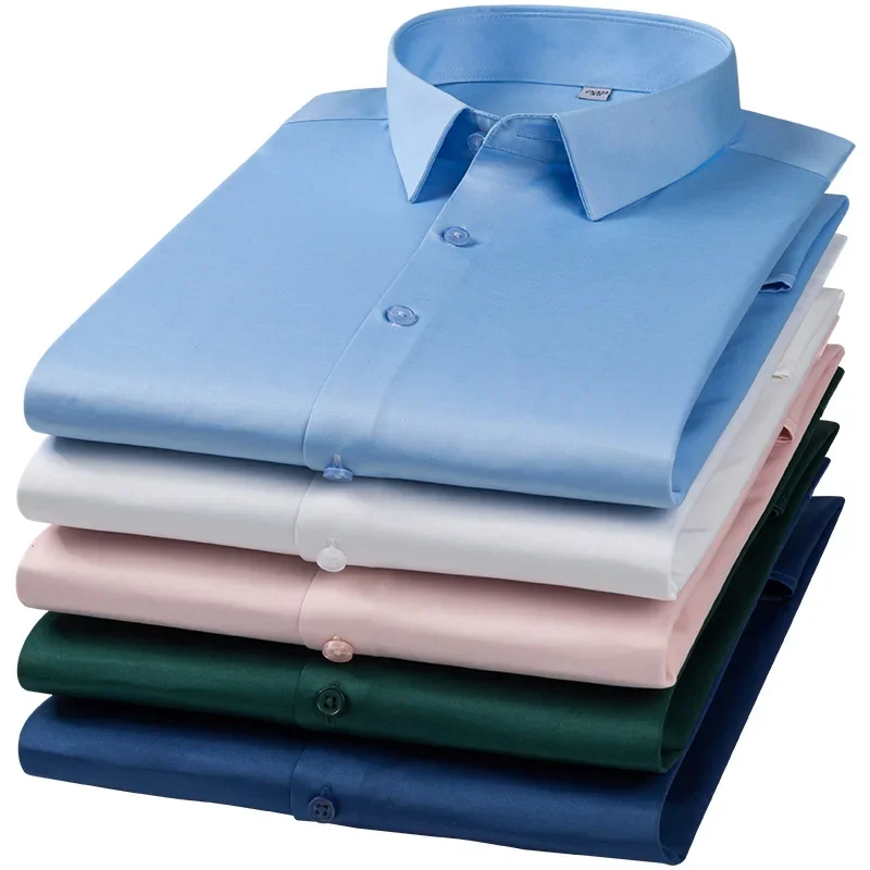 summer wrinkle free thin short sleeve shirts for men without pocket elastic solid color shirt slim fit formal office clothes