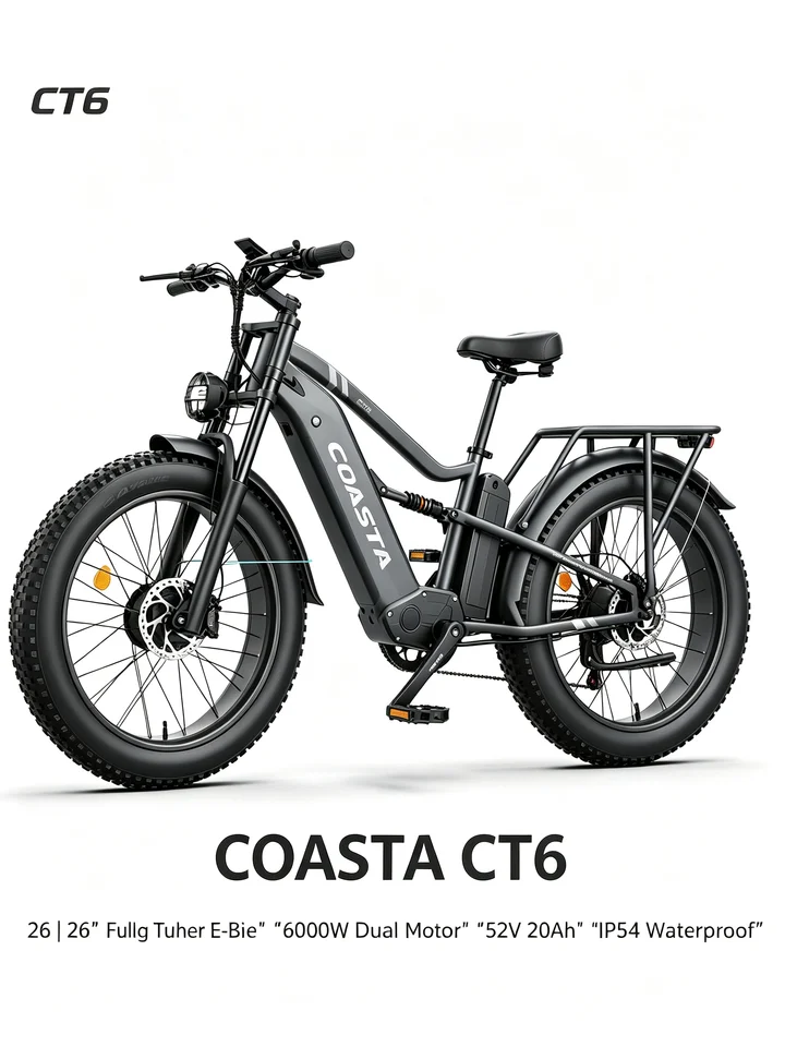 COASTA CT6  Dark Gray Frame 20Inch Fat Tire Electric Bike Dual Motor Full Suspension E Bicycle 3000W Peak 60V Removable Battery Hydraulic Disc Brake Shimano 7‑Speed LCD Display LED Headlight Max Load 150KG For Snow Beach Mountain Off‑Road Riding image 7