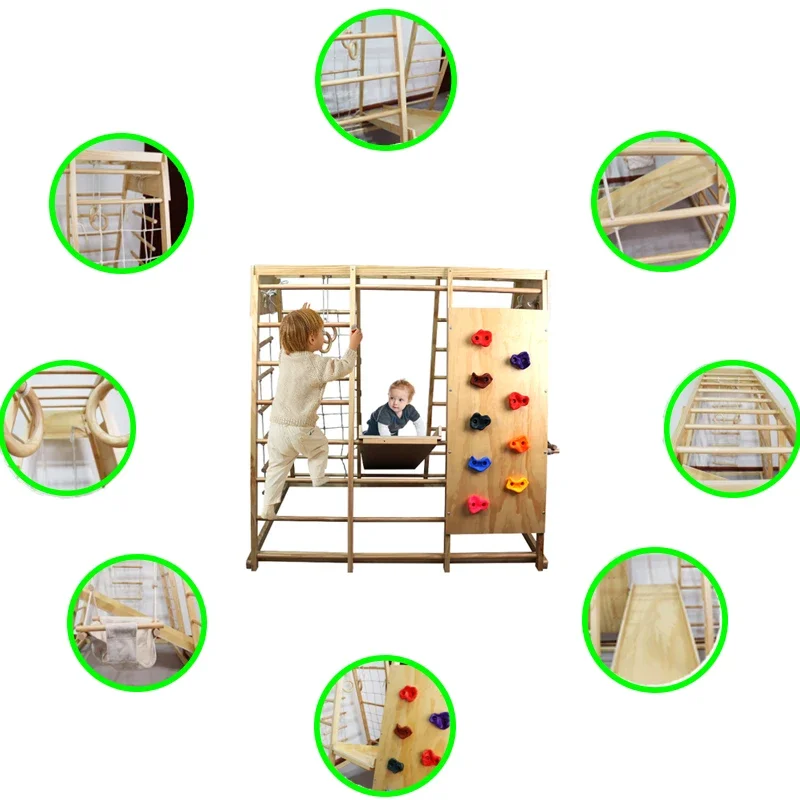 Kids Indoor Playground Jungle Gym wooden climbing frame for kids with Slide Climbing Rock  Rope Ladder Monkey Bars