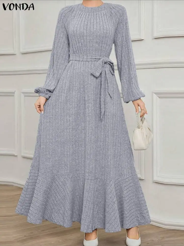 

Плюс размер 5XL VONDA женские элегантные вечерние платья осень-зима вязаный свитер с длинными рукавами Vestidos модный халат с поясом с рюшами