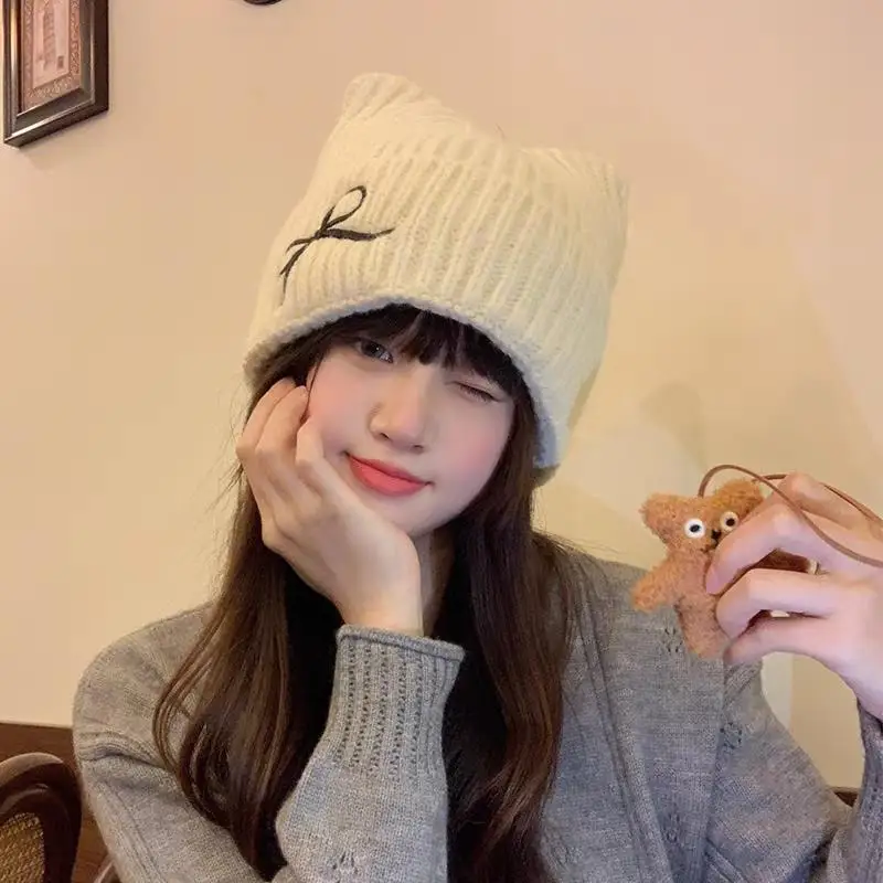 

Cat Ear Knit Beanies Autumn Winter Warm Ear Protection Sweet Pullover Cap Embroidery Bowknot Beanie Winter Hat Warm Pullover Cap