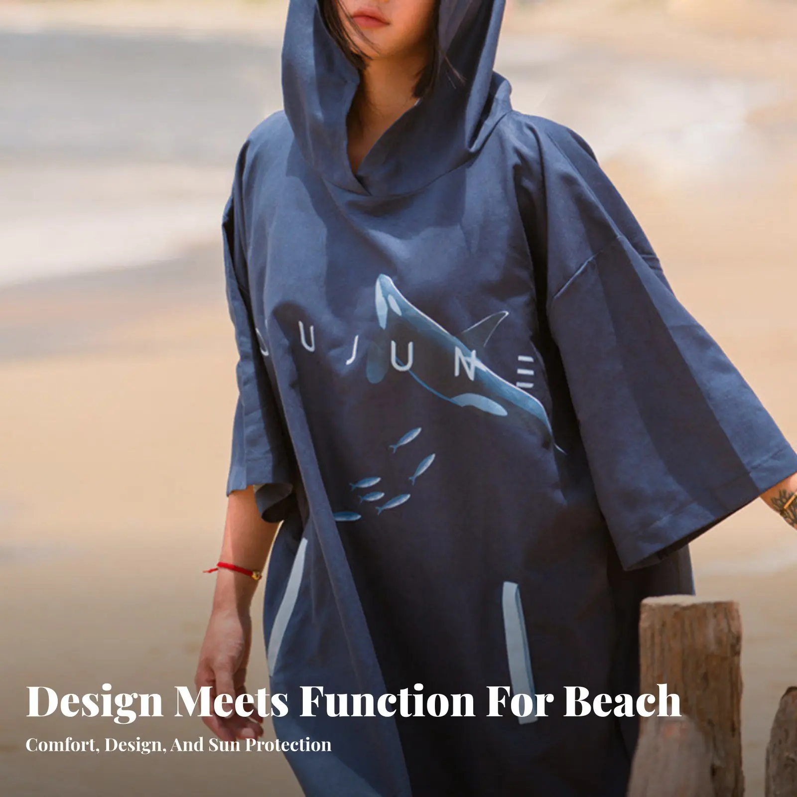 

Quick-Dry Hooded Towel Robe, Sun Protection Poncho, Whale Print, Unisex, Swimming, Diving, Changing, Beach