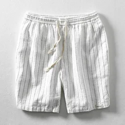 Calção casual de linho algodão masculino, confortável calça listrada com cordão, fina praia, respirável, feriado, cor vendida, verão