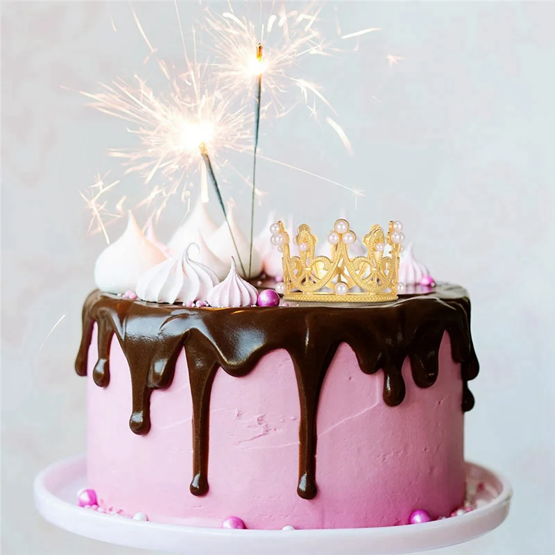 AT53 6Pcs Gold Mini Crown Cake Topper Small Crystal Pearl Cupcake Toppers Small Cupcakes Crown for Wedding Birthday