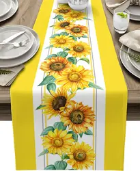 Camino de mesa de lino de girasol amarillo, acuarela, flor de verano, lavable, bufanda, decoración de mesa, comedor de boda, decoración de fiesta en casa