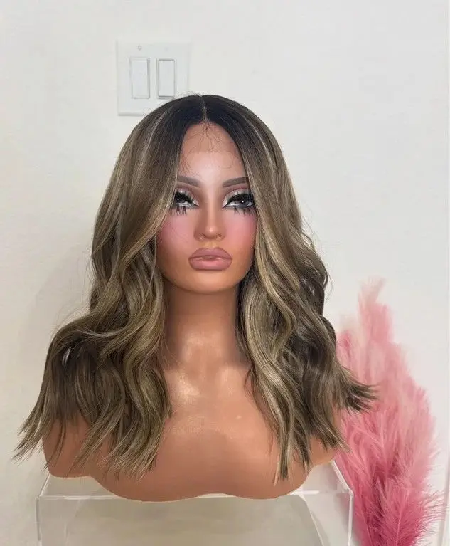 باروكات بنية كراميل داكنة فاخرة مع جذور داكنة تسليط الضوء على موجة عميقة الاصطناعية الدانتيل أعلى الباروكات على التخليص بيع الألياف عالية الجودة #4