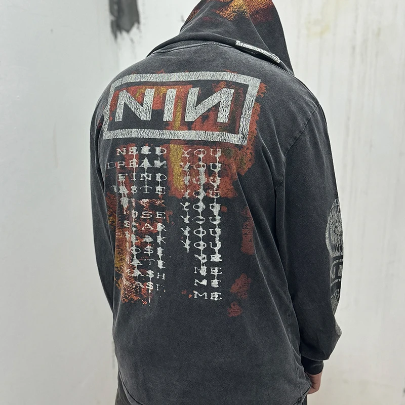 خمر غسلها الأسود المتضخم سانت قاعدة تي شيرت الرجال النساء متصدع الرسومات خطابات شعار تسعة بوصة مسمار كم طويل تي شيرت