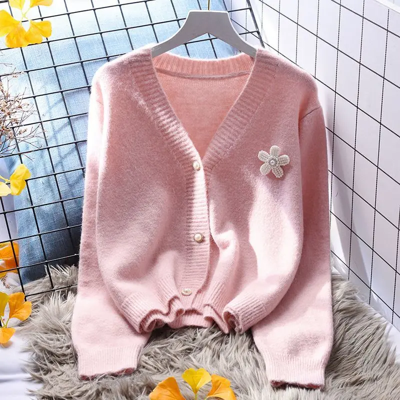 Sweet V-neck Knitting Cardigan Coat Women Autumn Winter Simplicity Loose Solid Color Sweater All-match Long Sleeve Knitwear Tops