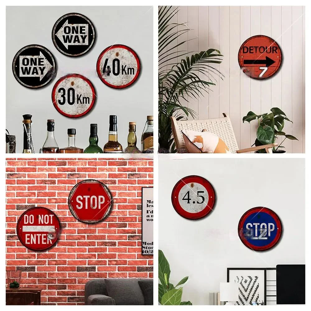 Garage STOP Warning 30CM Round Metal Signs Plate Vintage Plaque Tin Sign Wall Decor for Home Market