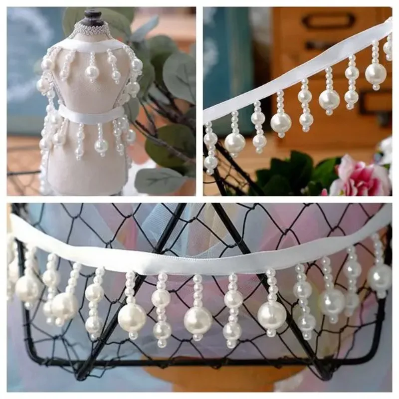 2Yard/Lot Pearl Pendant 4CM Lace Trim Tassel Fringe DIY Wedding Dress Curtain Tablecloth Clothing Home Decorative Accessories