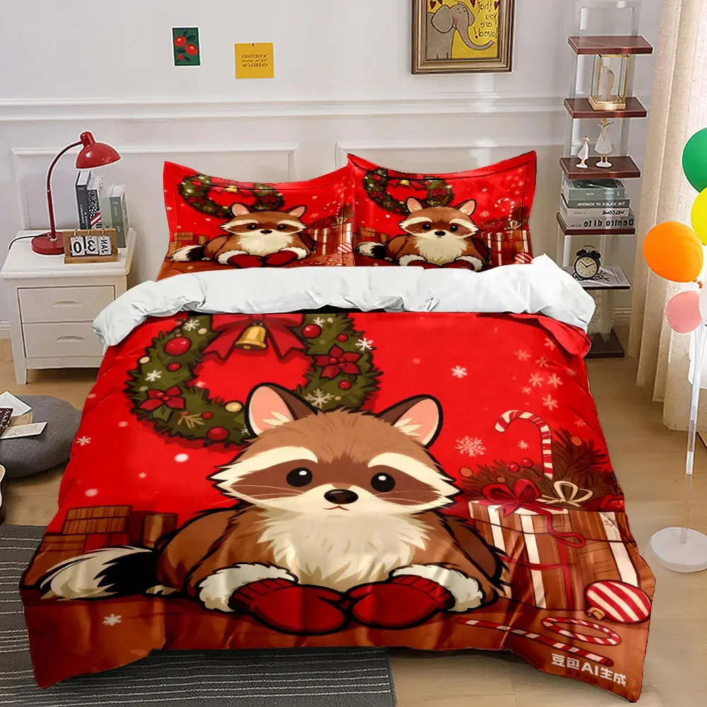 Christmas Raccoon Gift Set Decor Multiple sizes kid's and adults' bedroom Exquisite 3PC bedding set, gift