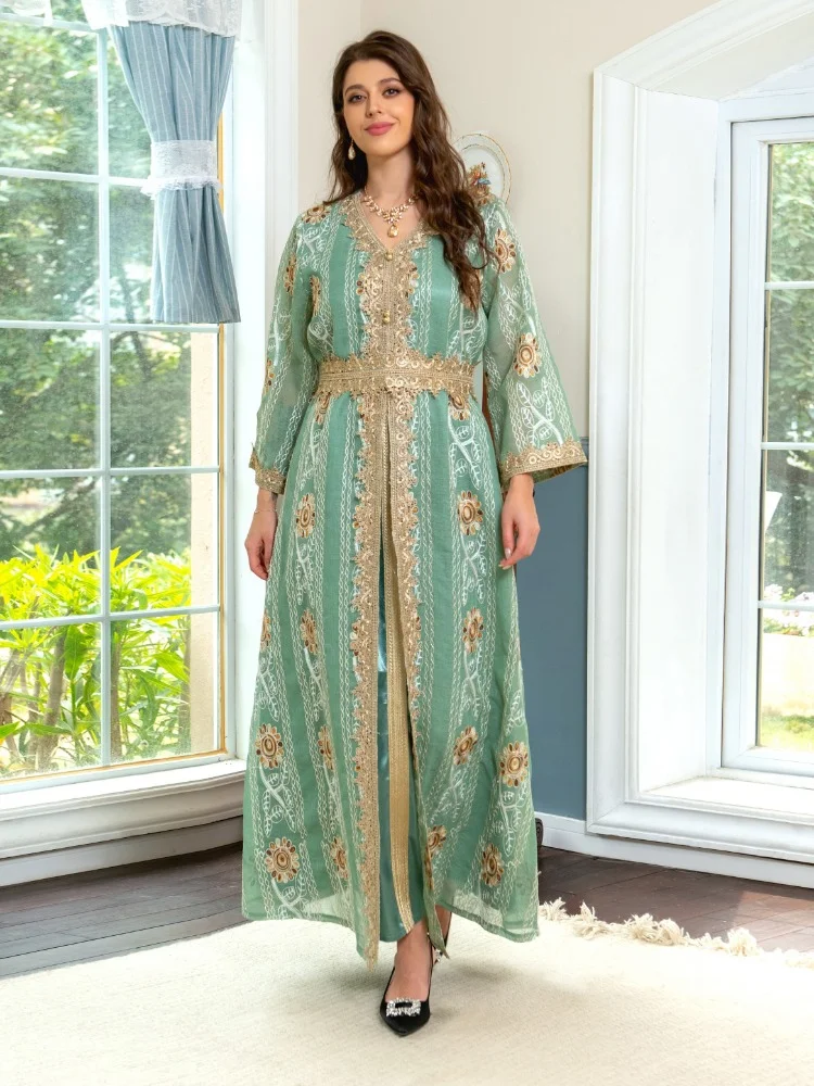 Eid Muslim Party Dress Dubai Abaya Women embroidery Saudi Arab Mesh Moroccan Kaftan Hijab Vestidos Maxi Prayer Islamic Robe