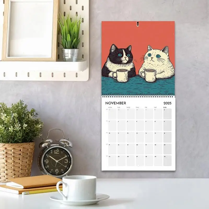 Cute Cat Calendar 2025 Monthly Calendar Cats Chilling With Coffee 12-Month 2025 Monthly Weekly Planner Calendar For Home Decor