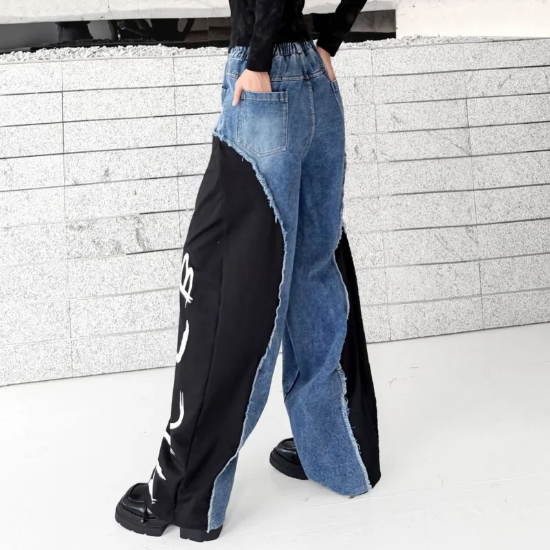ANJY Spring Autumn Women Trend Denim Patchwork Sweatpants Frayed Edge Deconstructed Design Color Block Letter Print Jeans A28294