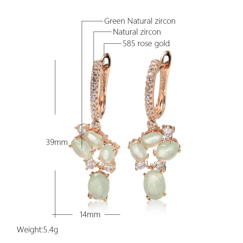 Kienl New 585 Rose Gold Color Long Earring for Women Vintage Green Natural Zircon Flower Drop Earring High Quality Daily Jewelry