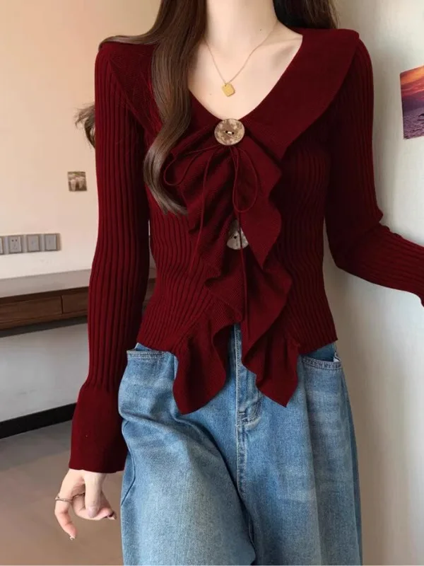 Loose Fit V-Neck Knitwear Bell Sleeve Base Shirt Women's plus Size Spring New Leaf  Korean Style Long Sleeve Sweater view 4