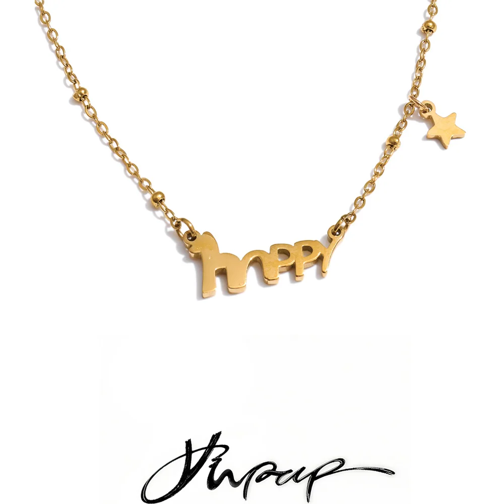 Yhpup Edelstahl-Halskette mit Happy-Buchstaben-Anhänger, stilvoll, einzigartig, schick, beliebt, personalisierter Schmuck zum Pferdejahr, PVD-beschichtet