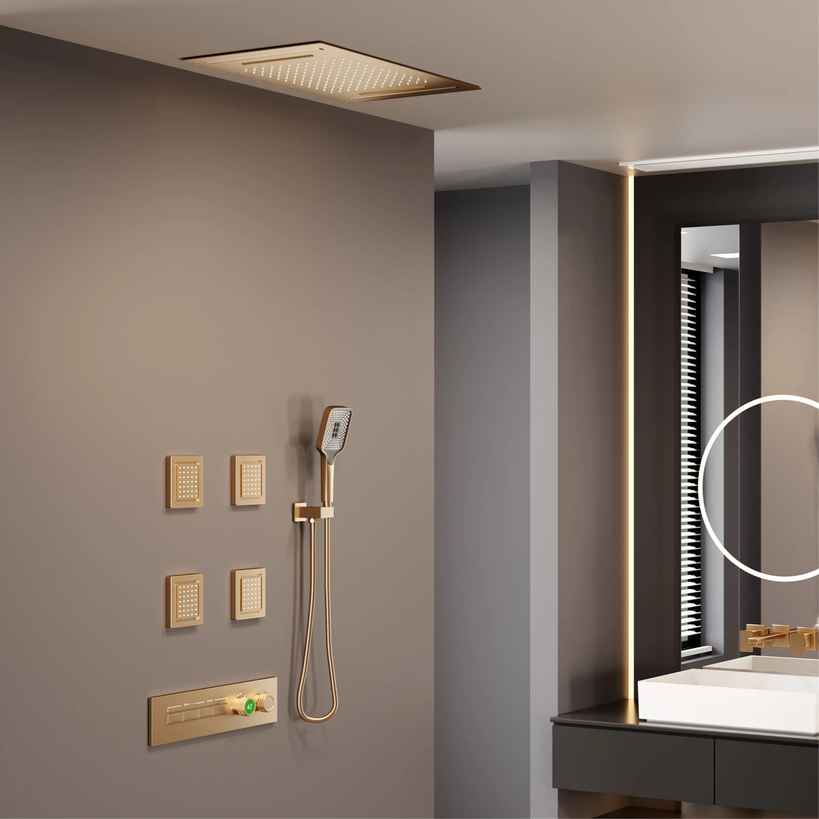 Luxury gun gray brass shower system with ceiling design Hidden LED digital display Dual control of Hot & Cold  bathroom Faucet