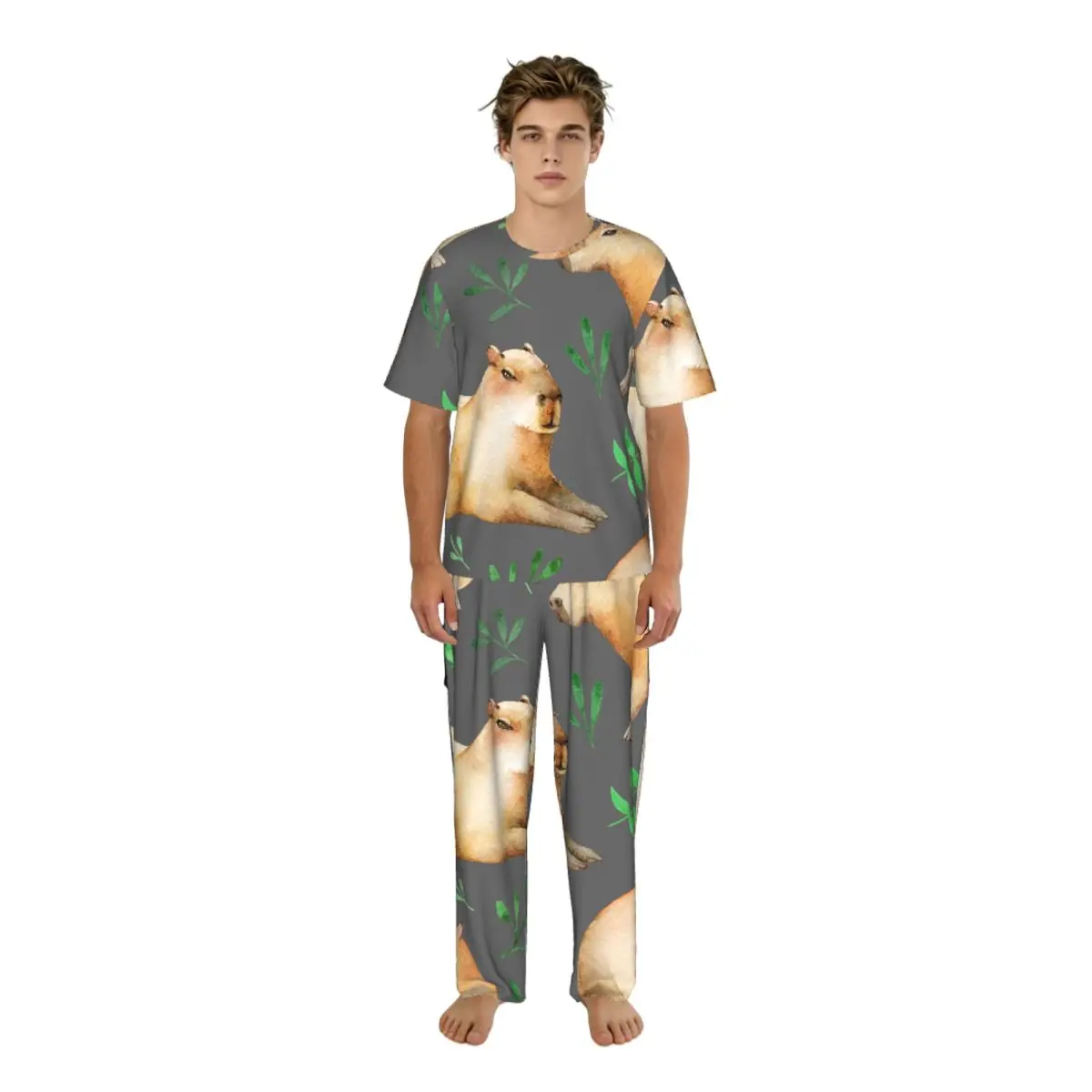 

Men's short-sleeved pajamas two-piece trousers Capybara Cute Leaf Wild Animal home wear suit sleepwear
