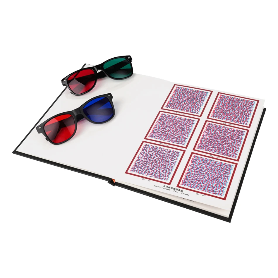 Libro de pruebas visuales completas con estereogramas de puntos aleatorios, tabla de prueba de Amsler para la ceguera al color y el astigmatismo con gafas
