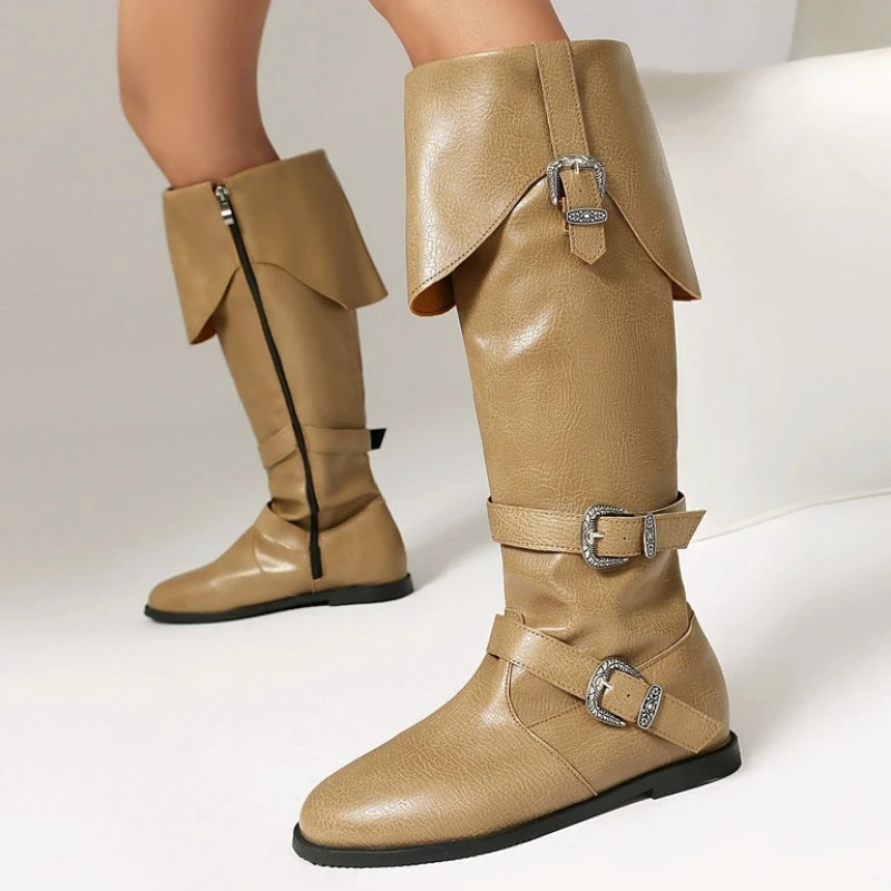 Womens Vintage Knee High Riding Boots Multi Metal Buckles Fold Over Cuff Side Zipper Flat Western Knight Long Boots Botas Mujer