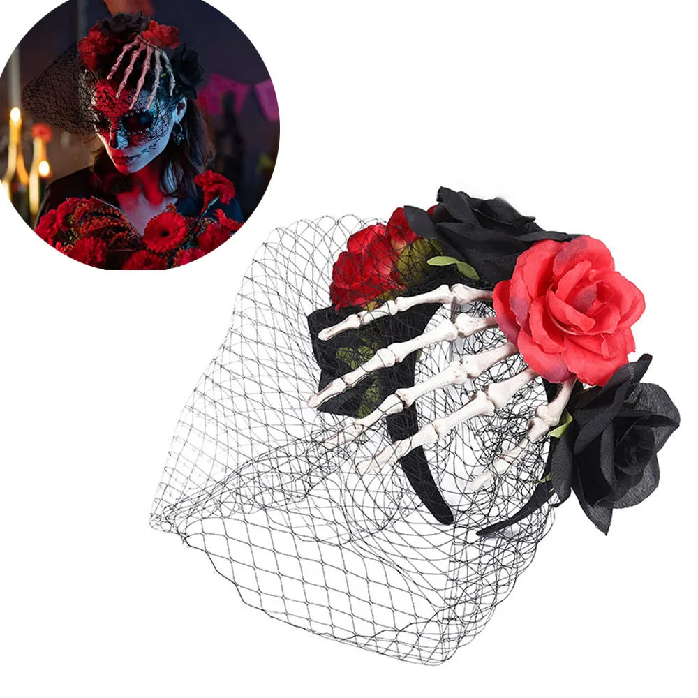 

Halloween Headband Day of The Dead Headband Costume Mexican Headpiece Flower Crown Festival Veil Headband with Skeleton Hand