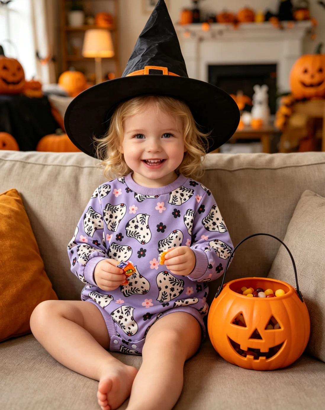 0-1Y Baby Girl My First Halloween Romper Ruffle Long Sleeve Pumpkin Ghost Print Infant Casual Halloween Outfit Jumpsuit