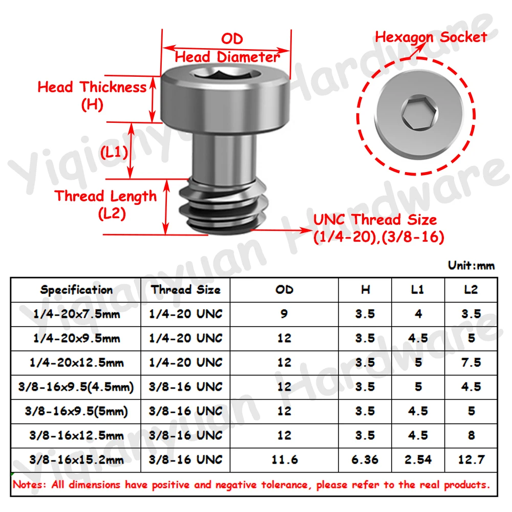 Yiqianyuan-Vis de caméra à filetage UNC pour plaques à dégagement rapide, SUSolympiques, douille hexagonale en acier inoxydable, 2,2 à tête ronde, 1/4-20, 3/8-16