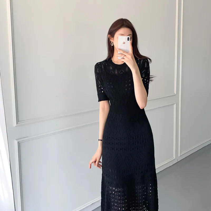 Casual Chic Korean Temperament Slim Sexy Hollow Out Dresses O Neck Short Sleeve Wrap Hip Knitted Dress White Lady Summer 2022