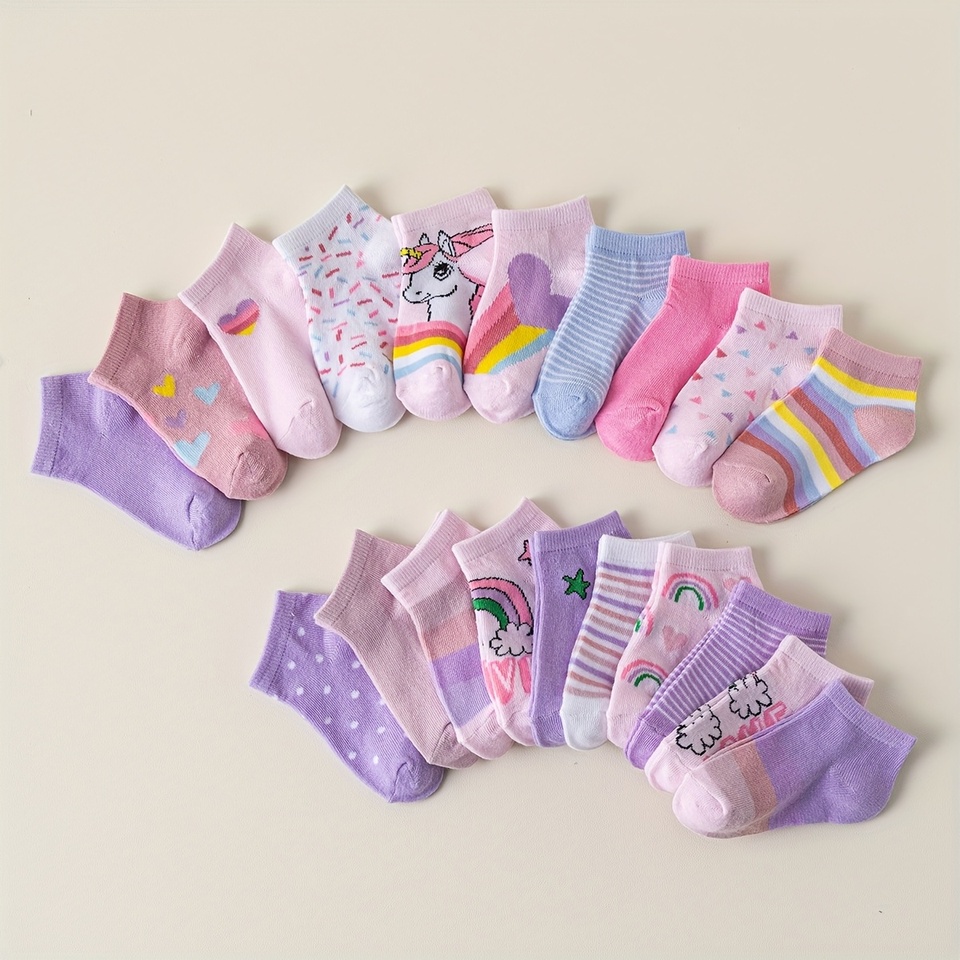  Random 10 pairs of children socks, love, flowers, stripes, dots, one-horned pattern, soft and comfortable to wear ankle socks. 