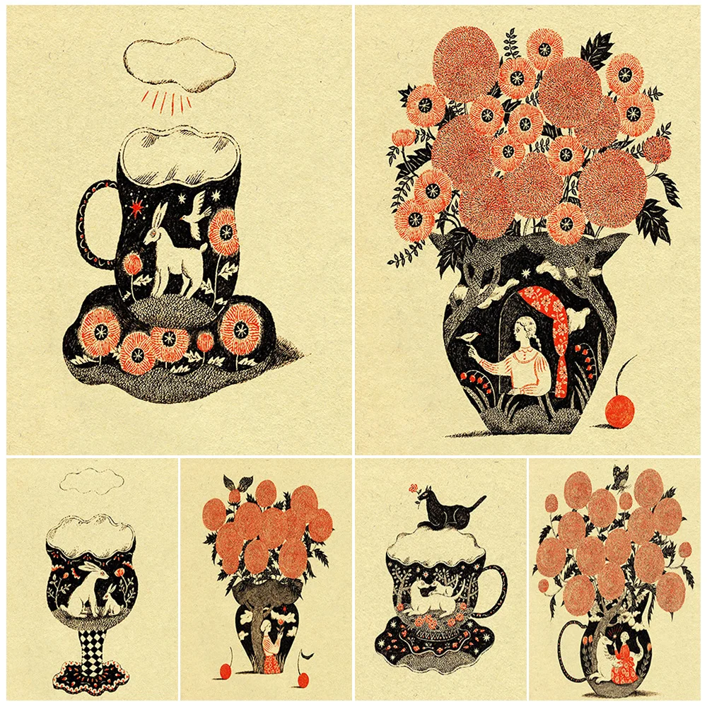 

Beautiful Vase With Teacup Illustration, Vintage Wall Art, Canvas Painting,Minimalist Folk Art,Poster And Print, Home Decoration