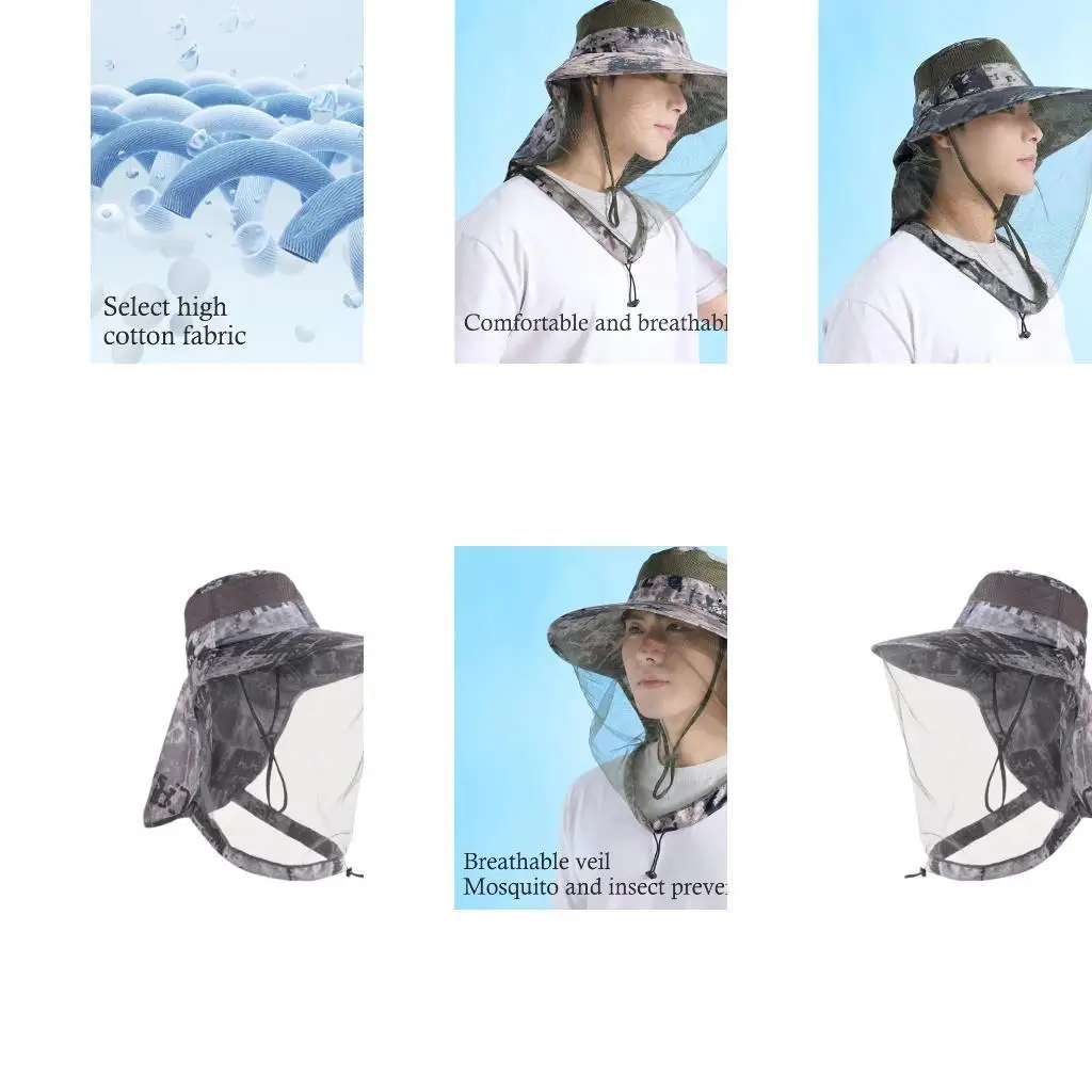 

652F Outdoor Hat With Concealed Mosquitoes Net UPF50+ Sun Adjustable Strap Wide Brims For Camping Hiking Men