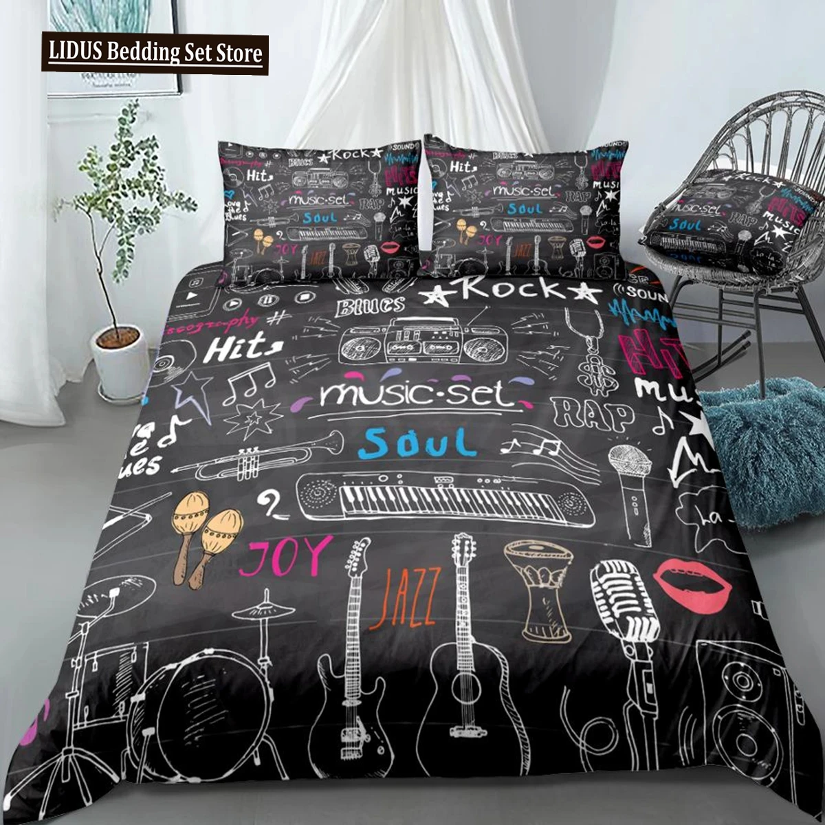 Music Duvet Cover Set Microphone Guitar Headphone Drums Bedding Rock Music Quilt Cover Black Queen Bed Set Colorful Dropship