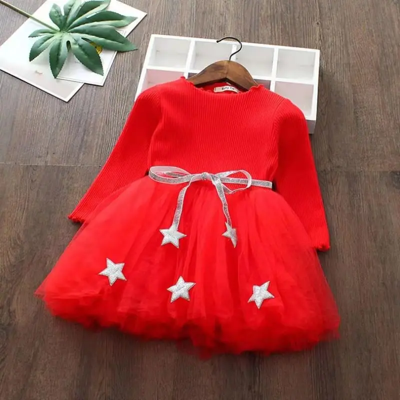 Spring and Autumn New Girls' Long Sleeved Knitted Mesh Dress with Broken Flower Splice Star Bow Sweetly Lovely Princess Dress