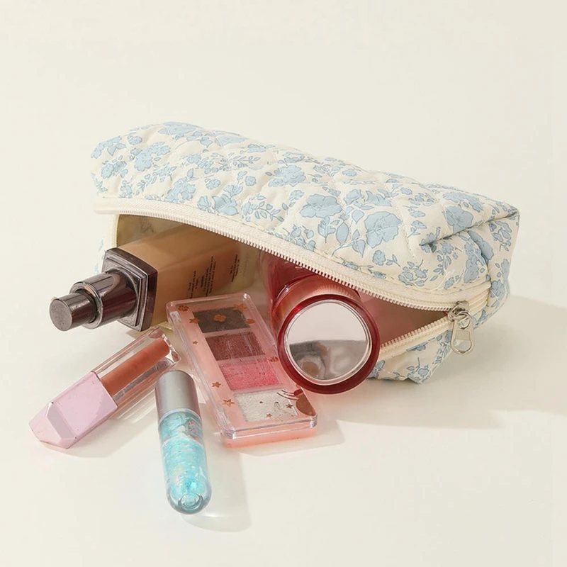 Makeup Cosmetic Bag Large Capacity Makeup Bag 3 Pcs Cotton Quilted Makeup Bag Aesthetic Floral Toiletry Bag For Women I