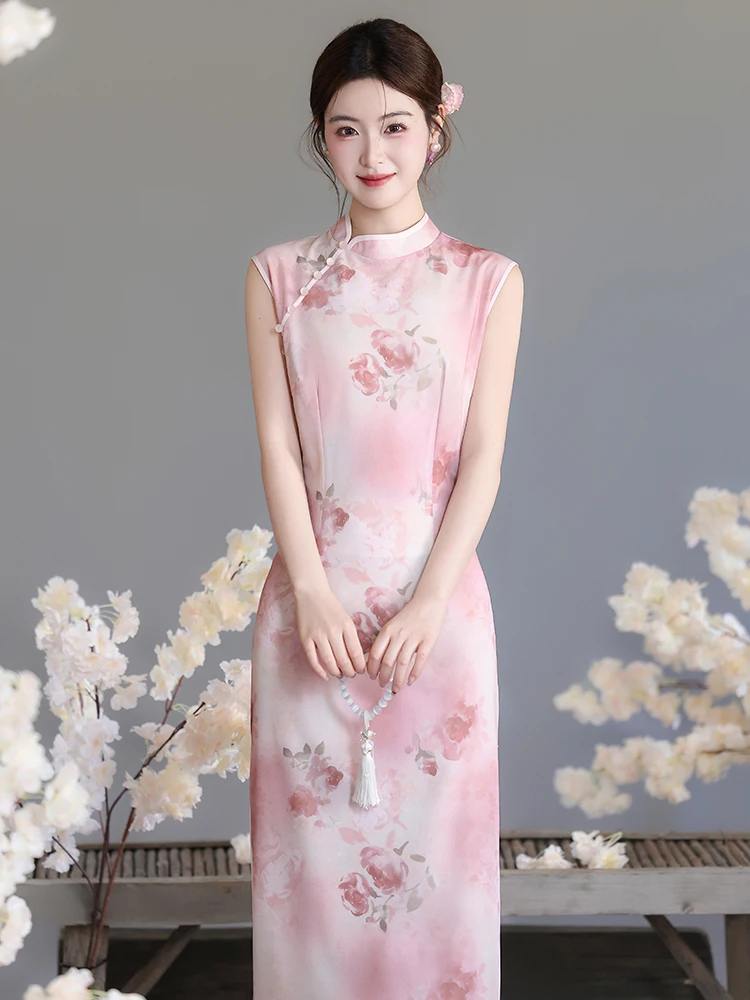 

Розовое молодежное свадебное платье в китайском стиле без рукавов с бежевым кардиганом, длинное ципао с низким разрезом для помолвки и лета