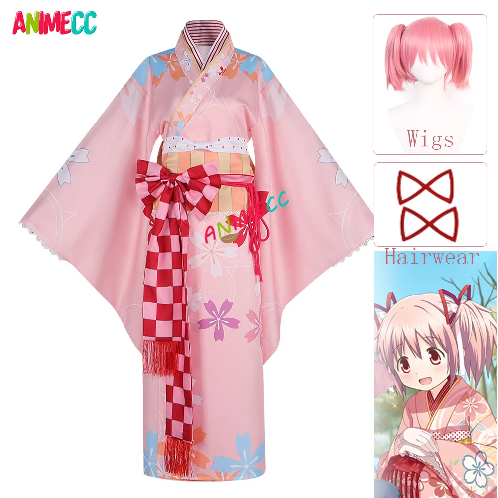 

ANIMECC IN STOCK S-2XL Kaname Madoka Cosplay Yukata Wig Anime Puella Magi Madoka Magica Japanese Kimono Halloween Party Outfits