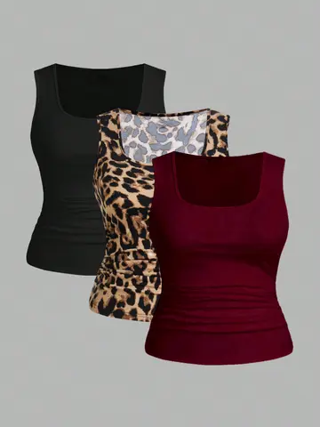Plus Size Women's 3 Piece Leopard Print & Solid Tank Top Set Square Neck Sleeveless Cami Tops