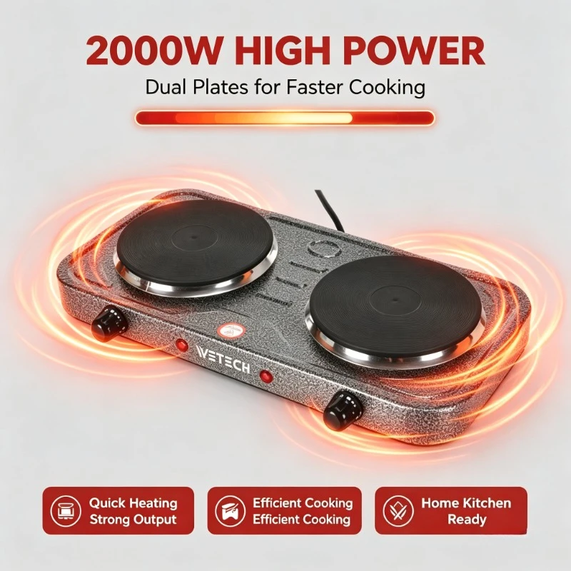 WETECH W6102 Plaque chauffante électrique double brûleur 2000W, contrôle de température à 5 niveaux, plaque chauffante en fonte de 153 mm, 220-240V, cuisinière électrique double portable pour dortoir, camping, cuisine domestique