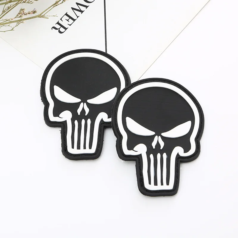 PVC Punish Skull Morale Emblem Night Luminous Skeleton Head Patch Hook Backing Attachment for Tactical Backpack Rubber Cap Badge