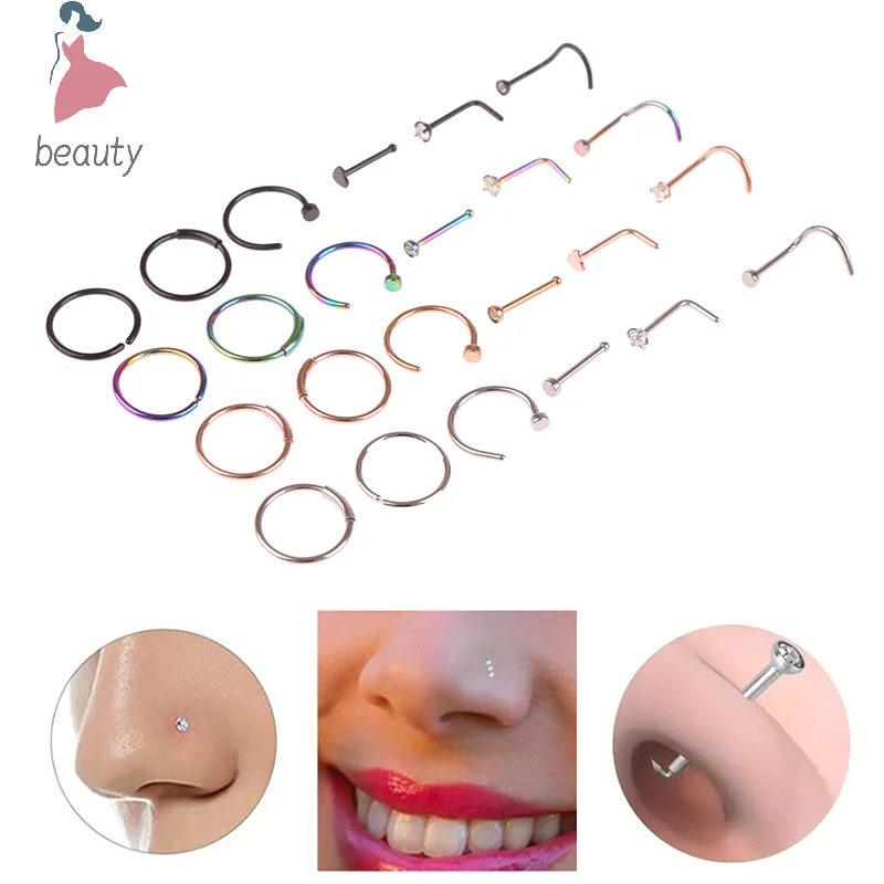 Stainless Steel Heart L Shape Nose Rings And Studs Set Indian Nose Piercing Stud Set Nostril Pin Crystal Cute Nose Studs Jewelry