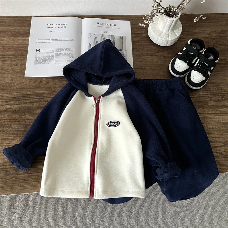 Boys Fleece Sets Girls Thickened Suit Winter Warm Outfits Children's Hooded Coat Trousers 2 Pcs Baby Kids New Loose Zip Clothes