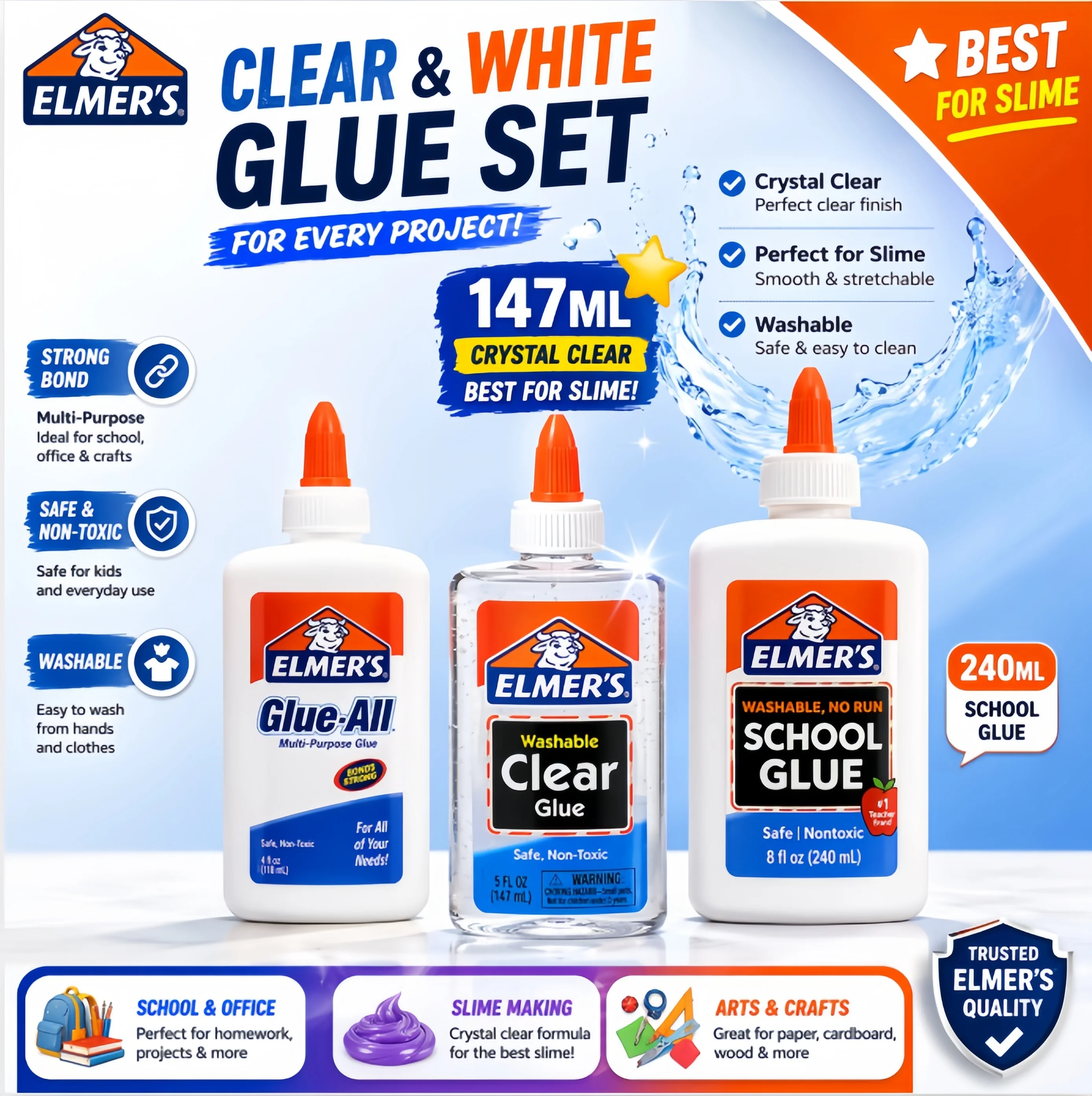 Pegamento Elmer's 118ml 147ml 240ml, Pegamento para Slime Lavable, No Tóxico, Multiusos para Slime, Manualidades, Papel, Escuela, Adhesivo para Bricolaje